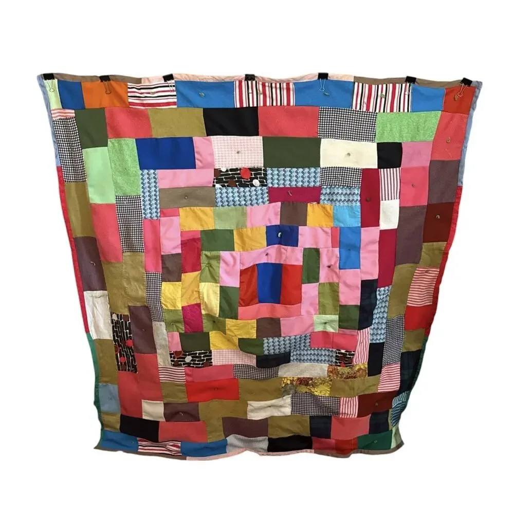 1970s Boho Patchwork Blanket Graphic Prints Quilt VTG Handmade Square 57” X 57”